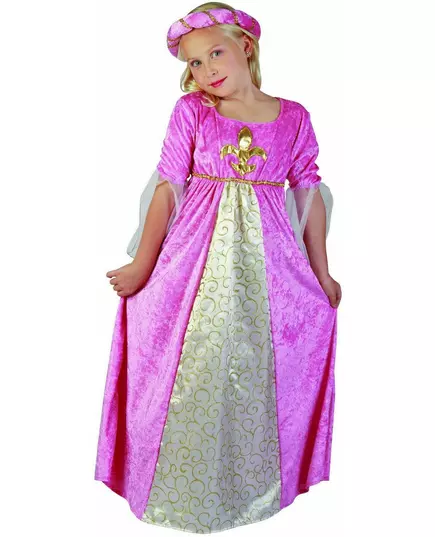 Rosa och guldfärgad medeltida prinsessmaskeraddräkt för flickor, Storlek: 10-12 år (130-140 cm)