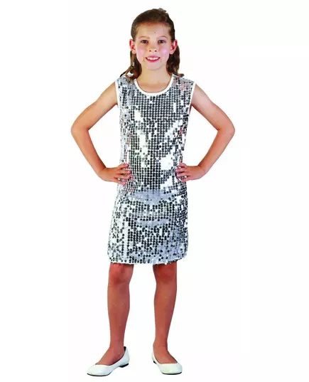 Silverfärgad discoklänning med paljetter för flickor, Storlek: 7-9 år (120-130 cm)