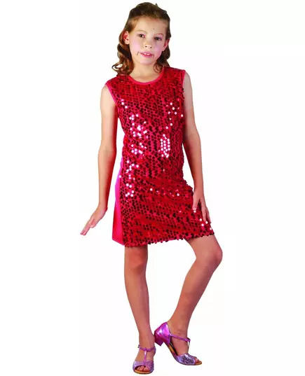 Röd discodansösermaskeraddräkt med paljetter flicka, Storlek: 7-9 år (120-130 cm)