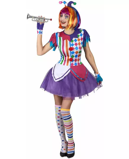 Harlekinmaskeraddräkt med färgglada pomponger för dam, Storlek: Medium