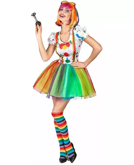 Clownmaskeraddräkt med flerfärgad ansiktsmålning dam, Storlek: Medium