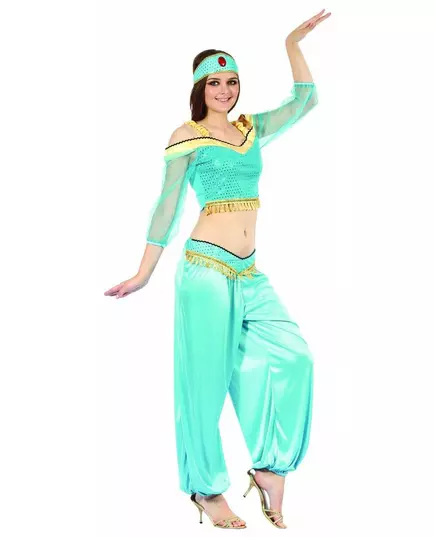 Blå och guldfärgad orientalisk dansös-maskeraddräkt för dam, Storlek: Medium