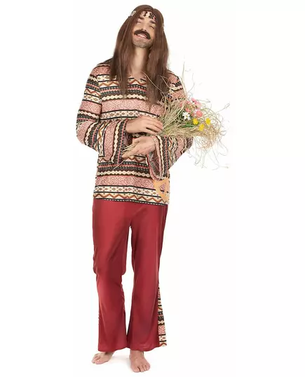 Vinröd hippiemaskeraddräkt herr, Storlek: Small