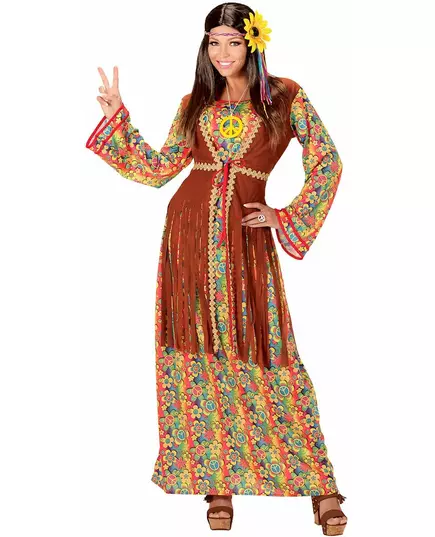 Lång hippieklänning med fransar maskeraddräkt dam, Storlek: Large