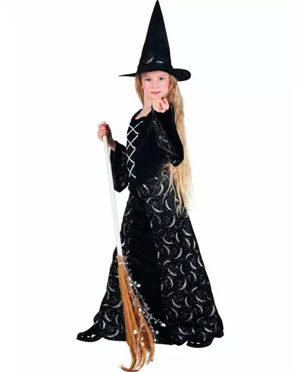 Häxmaskeraddräkt med halvmåne för flickor Halloween, Storlek: 7-9 år (122-134 cm)
