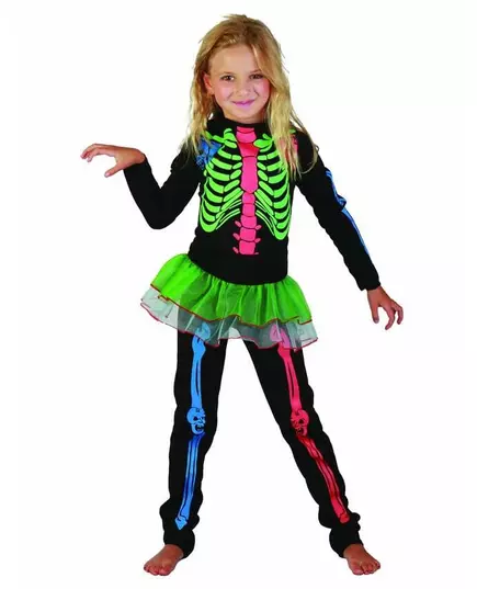 Färgglad skelettmaskeraddräkt flicka, Storlek: 7-9 år (120-130 cm)