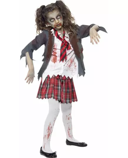 Zombie-skolflicka maskeraddräkt barn Halloween, Storlek: 13-15 år (152/163 cm)