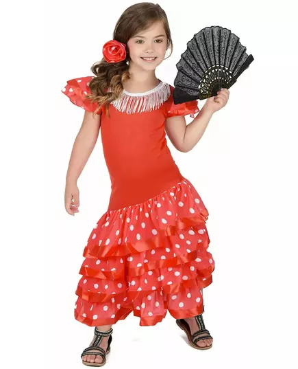 Röd flamencodansös-maskeraddräkt med vita prickar flicka, Storlek: 4-6 år (110-120 cm)