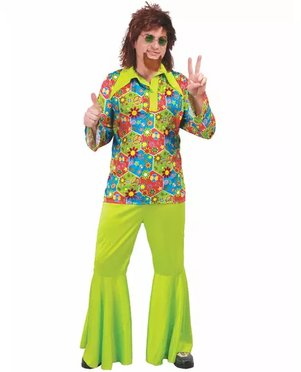 Grön hippiemaskeraddräkt med färgglada symboler herr, Storlek: Large (52-54)