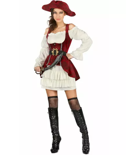 Vit och röd piratmaskeraddräkt dam, Storlek: Medium