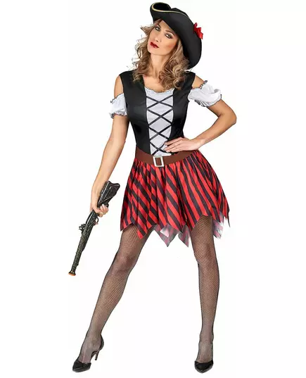 Piratmaskeraddräkt med röda och svarta ränder dam, Storlek: Large