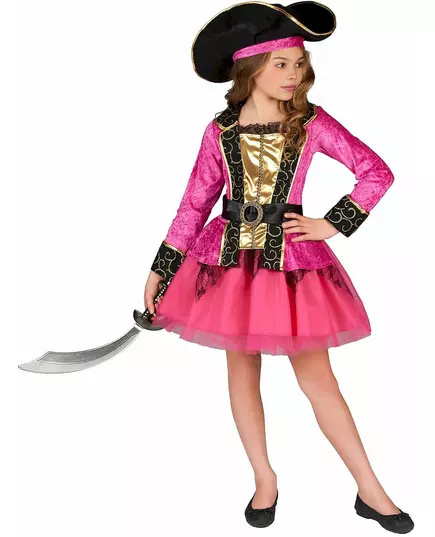 Rosa och guldfärgad piratmaskeraddräkt för flickor, Storlek: 4-6 år (110-120 cm)