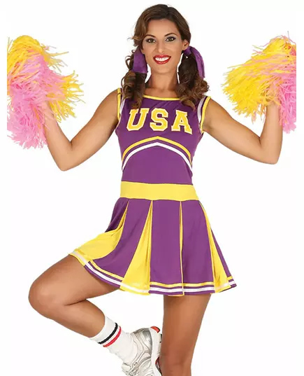 Pompomflickemaskeraddräkt USA lila och gul dam, Storlek: Large (42-44)