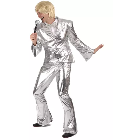 Glittrande silverfärgad Disco-maskeraddräkt herr, Storlek: Large