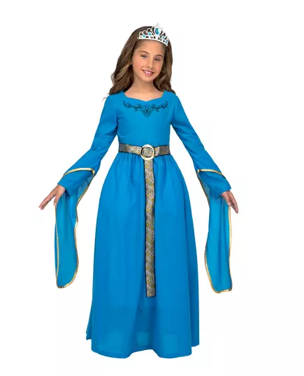 Blå medeltida prinsessmaskeraddräkt med diadem flicka, Storlek: 10-12 år (140 - 152 cm)