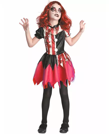Blodig clownmaskeraddräkt i rött och svart för flicka, Storlek: 10-12 år (130-140 cm)