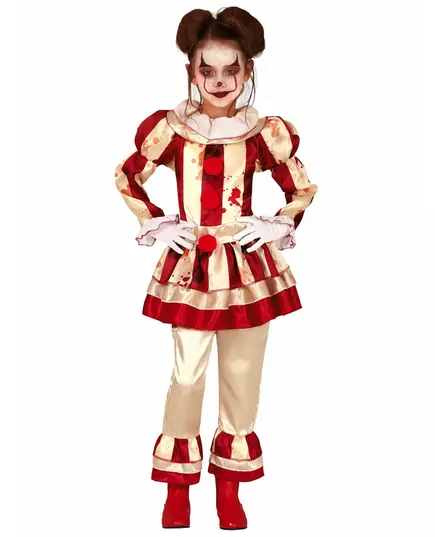 Skrämmande rödvit clownmaskeraddräkt flicka, Storlek: 10-12 år (142-148 cm)