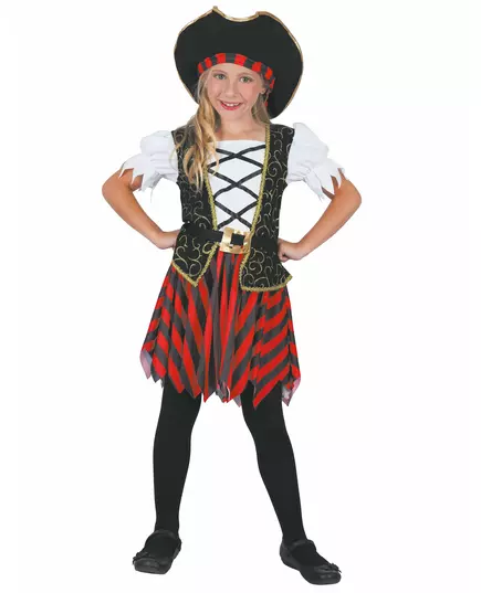 Svart och röd piratmaskeraddräkt dam, Storlek: 10-12 år (130-140 cm)