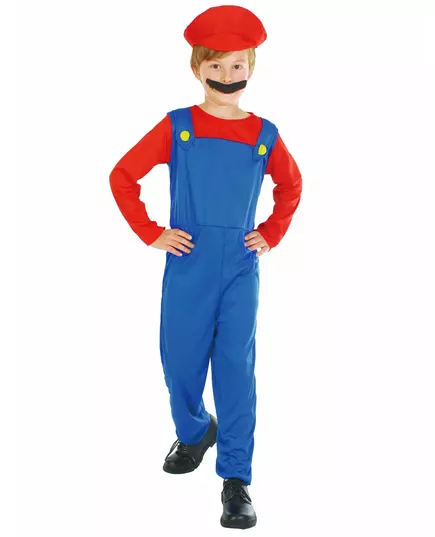 Röd och blå maskeraddräkt rörmokare pojke, Storlek: 7-9 år (120-130 cm)