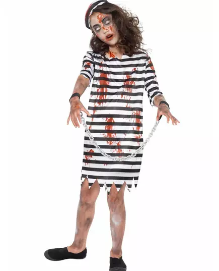 Maskeraddräkt zombie-fånge i kedjor flicka, Storlek: 7-9 år (130/143 cm)