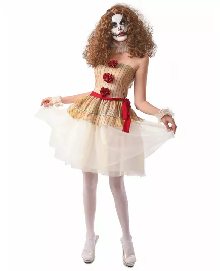 Skräckinjagande beige clownmaskeraddräkt dam, Storlek: Small