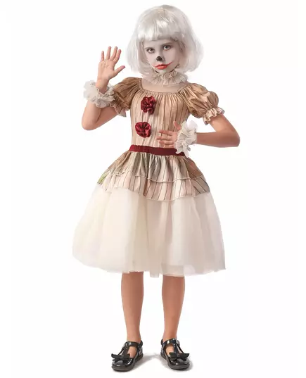 Beige skräckclown-maskeraddräkt flicka, Storlek: 7-9 år (120-130 cm)