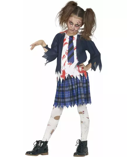Blå zombiemaskeraddräkt skol­flicka, Storlek: 9 år (125-135 cm)