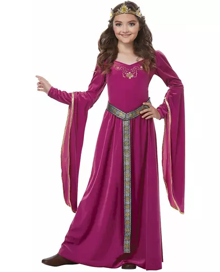 Rosa medeltida prinsessmaskeraddräkt i sammet för barn, Storlek: 8-10 år (140 cm)