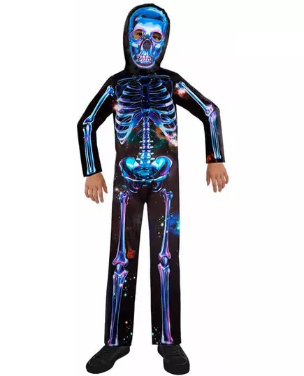 Neonfärgad skelettmaskeraddräkt i återvunnet tyg barn, Storlek: 6-8 år(128 cm)