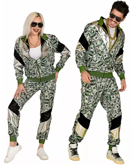 Dollarbiljett-maskeraddräkt med träningsoverall vuxen, Storlek: Medium