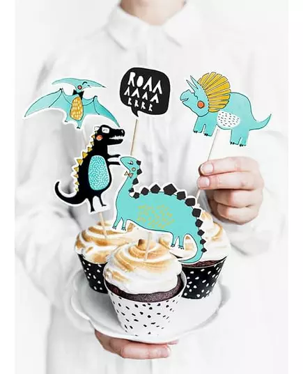 5 blå kartongtårtdekorationer dinosaurier 10,5–20 cm, image 2