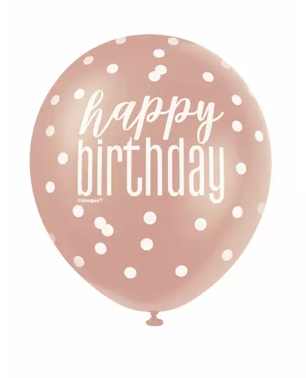 6 latexballonger happy birthday med vita och rosa prickar 30 cm, image 2