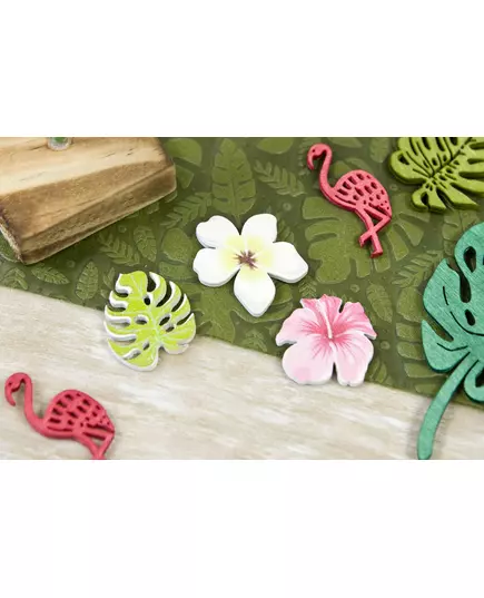 9 träkonfettibitar med tropiska blommor och blad 3,8 cm, image 2