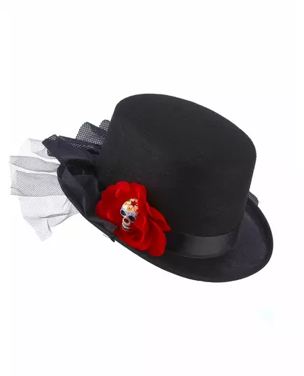 Svart hög hatt med dödskalle och röd blomma Dia de los muertos vuxen, image 2