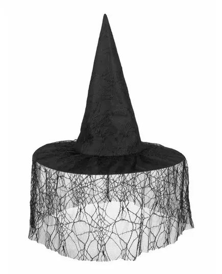 Svart häxhatt med spindelnäts-slöja för Halloween (dam), image 2