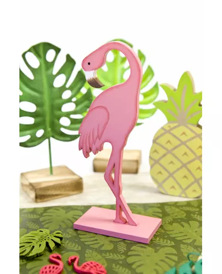 Rosa flamingo i trä på rosa sockel 15 cm, image 2