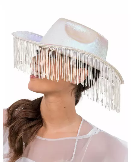 Vit iriserande cowboyhatt med fransar vuxen, image 2