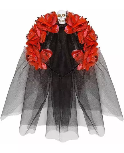 Röd blomsterhuvudbonad med dödskalle dam Dia de los muertos, image 2