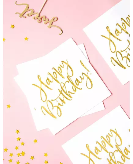 20 vita och guldfärgade pappersservetter Happy Birthday 33 x 33 cm, image 2