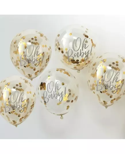 Genomskinliga ballonger Oh Baby med guldfärgade metalliska konfettier 30 cm, image 2