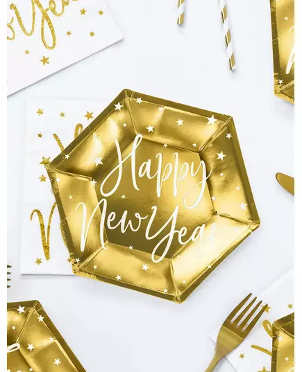 6 papperstallrikar Happy New Year guld 20 cm, image 2