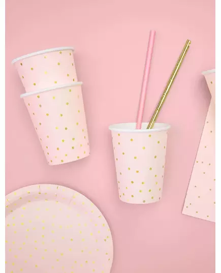 6 ljusrosa pappmuggar med guldfärgade prickar 260 ml, image 2