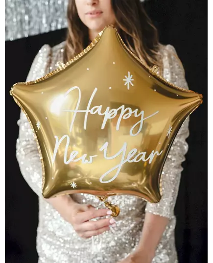 Gyllene stjärnformad aluminiumballong Happy New Year 50 cm, image 2