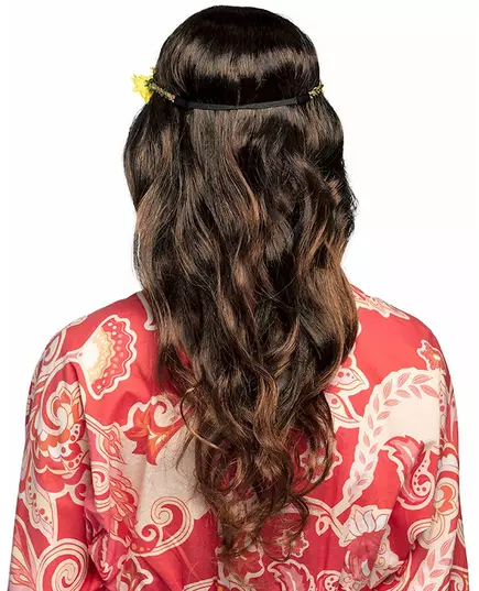 Lång brun peruk med blommigt hårband dam, image 2