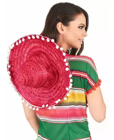 Röd sombrero med pompongkant vuxen, image 2