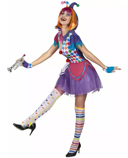 Harlekinmaskeraddräkt med färgglada pomponger för dam, Storlek: Small, image 2