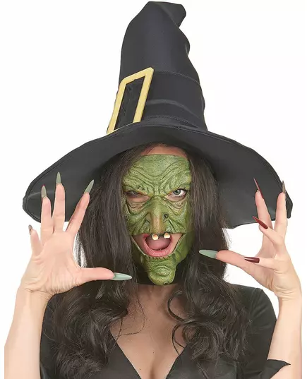 Halvmask i latex med näsa och haka, grön häxa vuxen, image 2