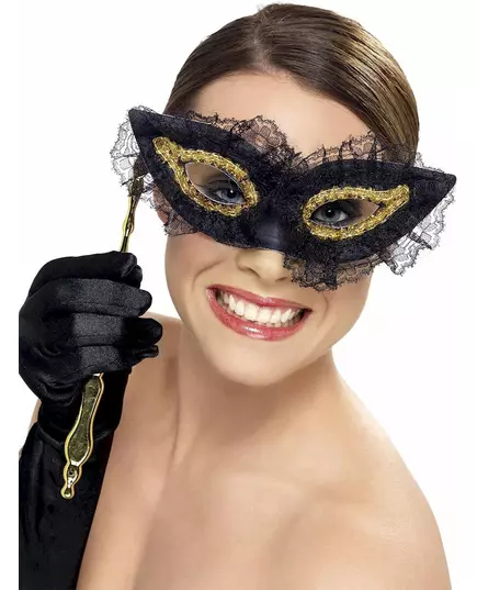 Svart och guldfärgad mask med spets på pinne vuxen, image 2