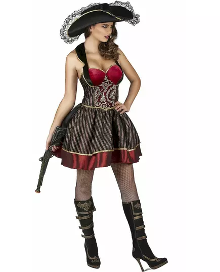 Röd och svart barock piratmaskeraddräkt dam, Storlek: Large, image 2